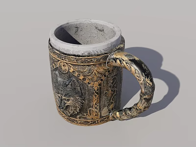 Carved Decorative Ceramic Tea Mug With Animal Head Pattern And Gold Black Decorations 3d model