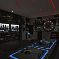 Modern KTV Lounge Interior With Red Neon Ceiling Black White Geometric Walls And LED Glass Tables