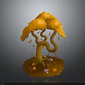 Yellow Tree With Curved Branches Falling Leaves Small Flowers And Butterflies At Base In Autumn