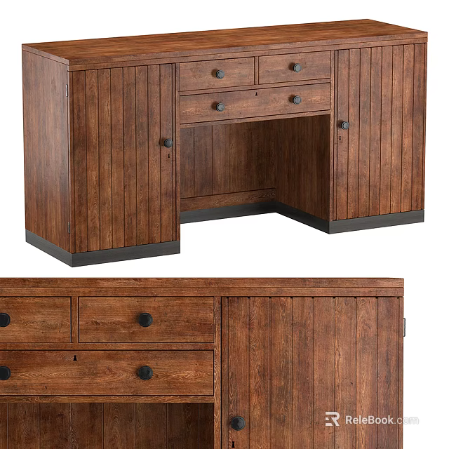 Rustic Wooden Desk With Multiple Drawers And Cabinets Natural Wood Texture Storage Design 3d model 