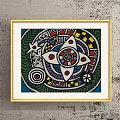 Golden Framed Abstract Artwork With Red Background Spiral Pattern Eye Motifs And Moon Shape