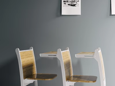 Single Chair With White Frame Wooden Seat And Attached Small Table Against Gray Wall 3d model