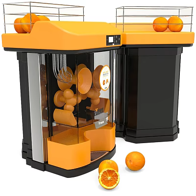 Automatic Orange Juicer Machine with Orange and Black Design Transparent Window and Oranges on Top 3d model