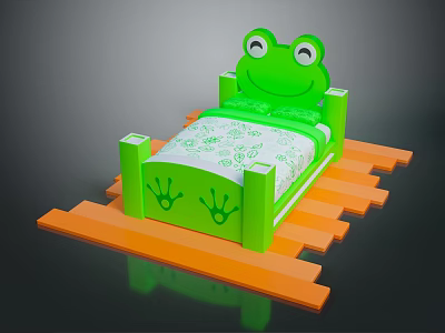 Adorable Green Kids Frog Shaped Bed With White Mattress Footprint Patterns And Orange Base 3d model
