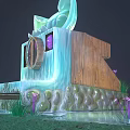 Cartoon Scene With Blue Icy Structure Scroll Top Round Window Purple Plants Green Glowing Light