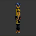 Game Character With Blue Hair Yellow Shirt Black Pants And Fantasy Creature Companion