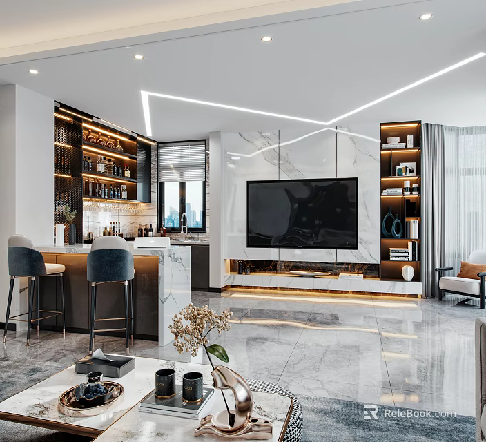 Modern Open Bar Area Interior Design With Bar Stools Wine Racks And Ambient Lighting 3d model