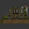Cartoon Scene Featuring US Army Tank with Flag Wooden Crates Plants and Fences