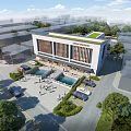 Modern Community Building Exterior With Wooden Strip Facade Greenery Pedestrians And Vehicles