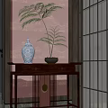 Chinese Style Console Table With Ceramic Vase Potted Plant And Lattice Window Decor 3d model