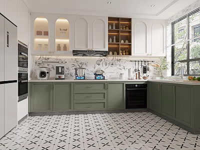 Modern Kitchen With Green Lower Cabinets White Upper Marble Countertop And Appliances 3d model