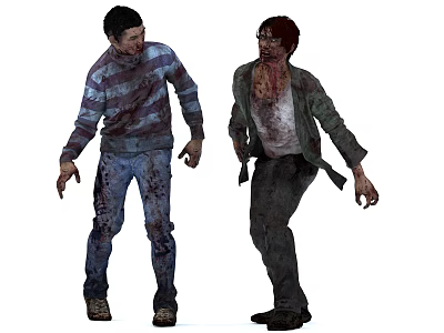 Two Bloody Zombie Characters With Tattered Striped Sweater And Jacket 3d model