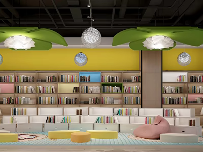 Artistic Library Space with Colorful Books Green Leaves and Decorative Lights 3d model
