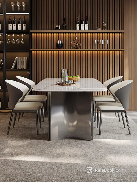 Modern Dining Table Set with Marble Top Metal Legs and Light Curved Back Chairs 3d model 