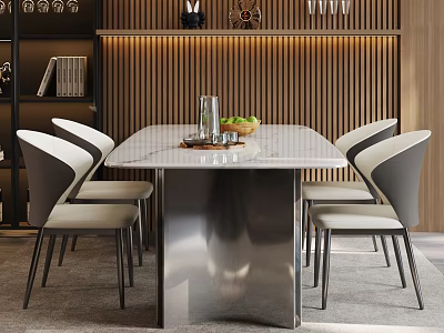 Modern Dining Table Set with Marble Top Metal Legs and Light Curved Back Chairs 3d model