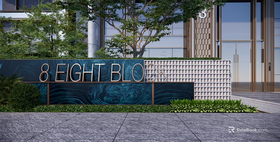 Feature Wall With EIGHT BLO Sign Perforated Lattice Wavy Texture Greenery And Modern Building 3d model 