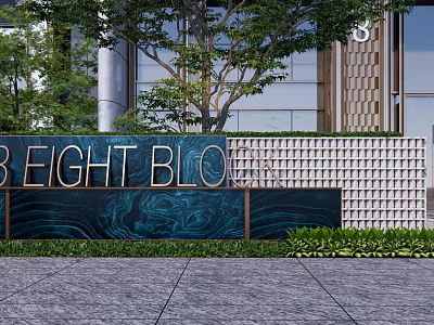 Feature Wall With EIGHT BLO Sign Perforated Lattice Wavy Texture Greenery And Modern Building 3d model