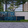 Feature Wall With EIGHT BLO Sign Perforated Lattice Wavy Texture Greenery And Modern Building