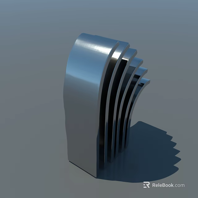 Park Landscape Featuring Modern Silver Curved Metal Sculpture With Multiple Arched Blades 3d model 