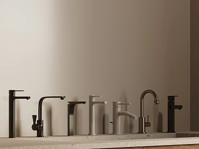 Various Modern Faucet Designs Displayed On Sleek Countertop With Different Styles 3d model