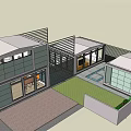 Modern Detached Villa Exterior With Large Glass Windows Gray Green Walls And Courtyard