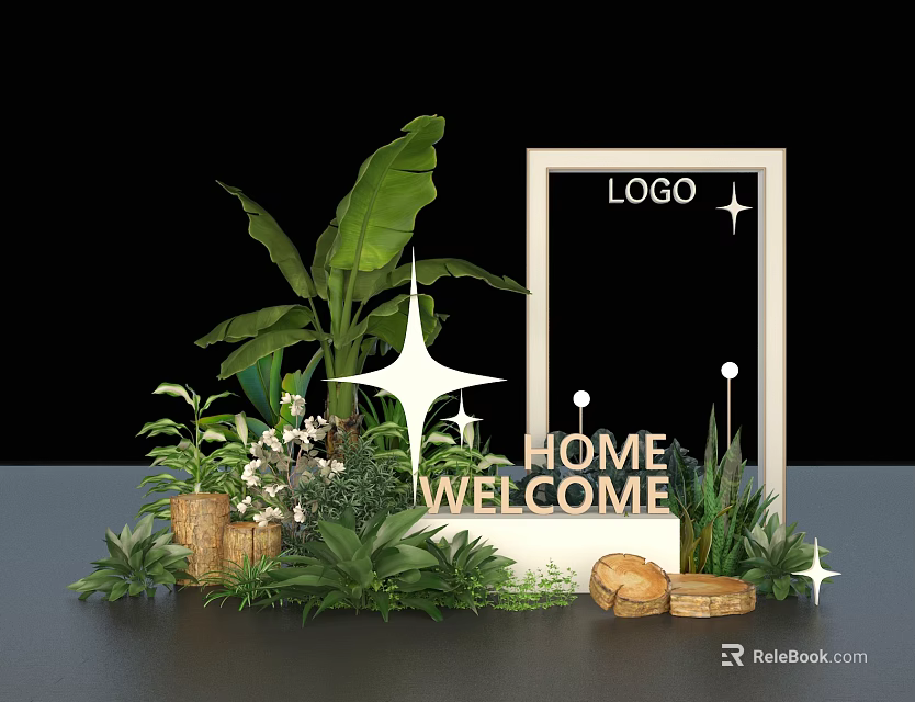 Modern Commercial Equipment Display With Green Plants Welcome Sign And Decorative Frames 3d model 