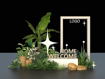 Modern Commercial Equipment Display With Green Plants Welcome Sign And Decorative Frames 3d model