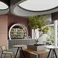 Modern Bar Interior With Green Plant Tables Chairs And Large Windows 3d model