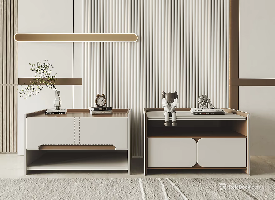 Modern Bedside Tables With Plant Vase Clock Figurine Books White Wooden Cabinets And Striped Wall 3d model 