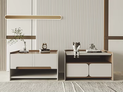 Modern Bedside Tables With Plant Vase Clock Figurine Books White Wooden Cabinets And Striped Wall 3d model