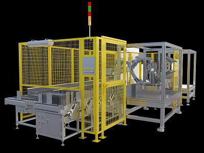 Industrial Automation Equipment with Yellow Safety Fence Conveyor Belt and Robotic Arm 3d model