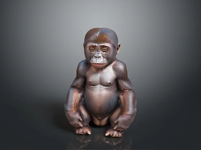 Realistic Brown Baby Gorilla Sculpture In Sitting Posture With Smooth Surface And Gray Background 3d model