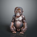 Realistic Brown Baby Gorilla Sculpture In Sitting Posture With Smooth Surface And Gray Background