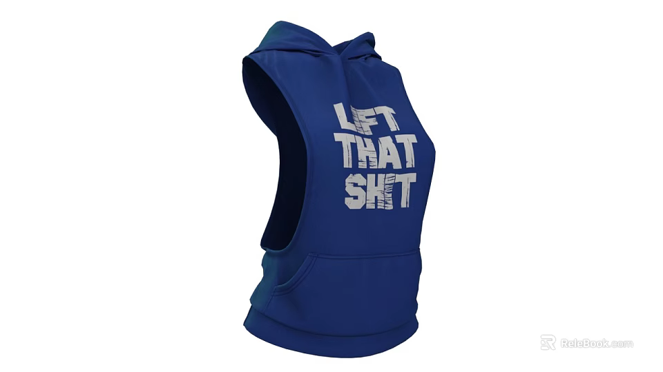 Blue Hooded Sleeveless Hoodie With Let That Shit Printed Text Design 3d model 
