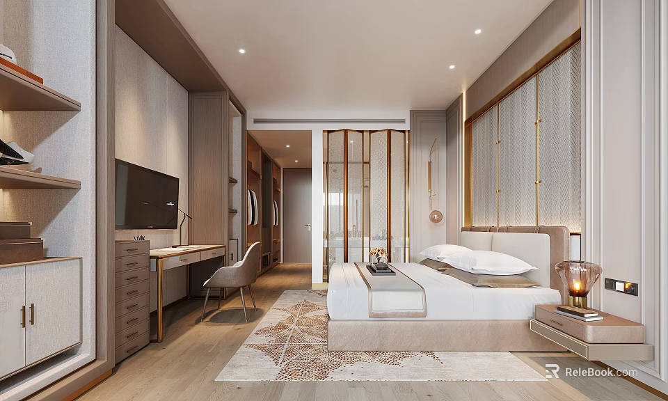 Hotel Guest Room Modern Design With Comfortable Bed Wooden Desk And Area Rug 3d model 
