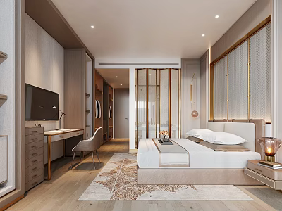 Hotel Guest Room Modern Design With Comfortable Bed Wooden Desk And Area Rug 3d model