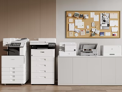 Modern Office Space With Multifunction Printers White Cabinets And Cork Bulletin Board 3d model