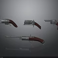 Classic Revolvers In Various Styles With Silver Decorations Red Grips And Gray Background Reflection