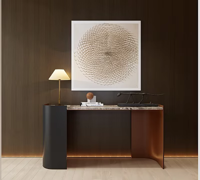 Modern Console Table With Circular Artwork Marble Top Table Lamp And Wooden Wall 3d model