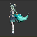 3D Anime Fantasy Character Model With Green Hair Teal Cloak And Decorative Outfit
