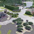 Park Landscape Design With Stone Path Lush Bushes Colorful Flowers And Pavilion