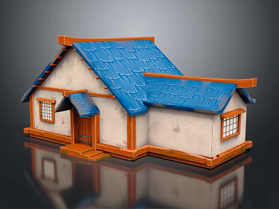 Cute Cartoon House Scene With Blue Roof White Walls And Orange Borders 3d model