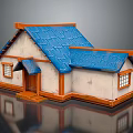 Cute Cartoon House Scene With Blue Roof White Walls And Orange Borders