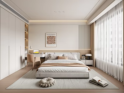 Modern Bedroom Interior Design With White Wardrobes Bed Desk Chair And Window Curtains 3d model