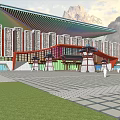 Museum Building With Traditional Roof Design Set Against Mountain Backdrop Front Plaza And Pedestrians