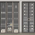 Modern Wine Cabinet With Glass Doors And Metal Frame Holding Wine Bottles And Glasses
