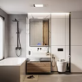 Modern Bathroom Interior With Bathtub Shower Marble Vanity Mirror Lighting And Toilet