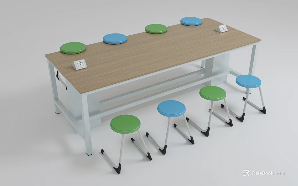 School Classroom Study Table With Green Blue Stools And White Equipment 3d model