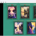 Five Framed Landscape Paintings on Green Wall with Water Reflections Sunset and Nature Scenes