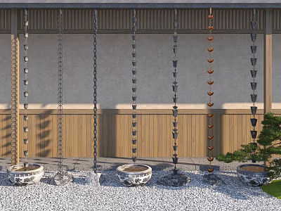 Traditional Japanese Garden Design With Wooden Wall Rain Chains Stone Basins And Gravel Ground 3d model
